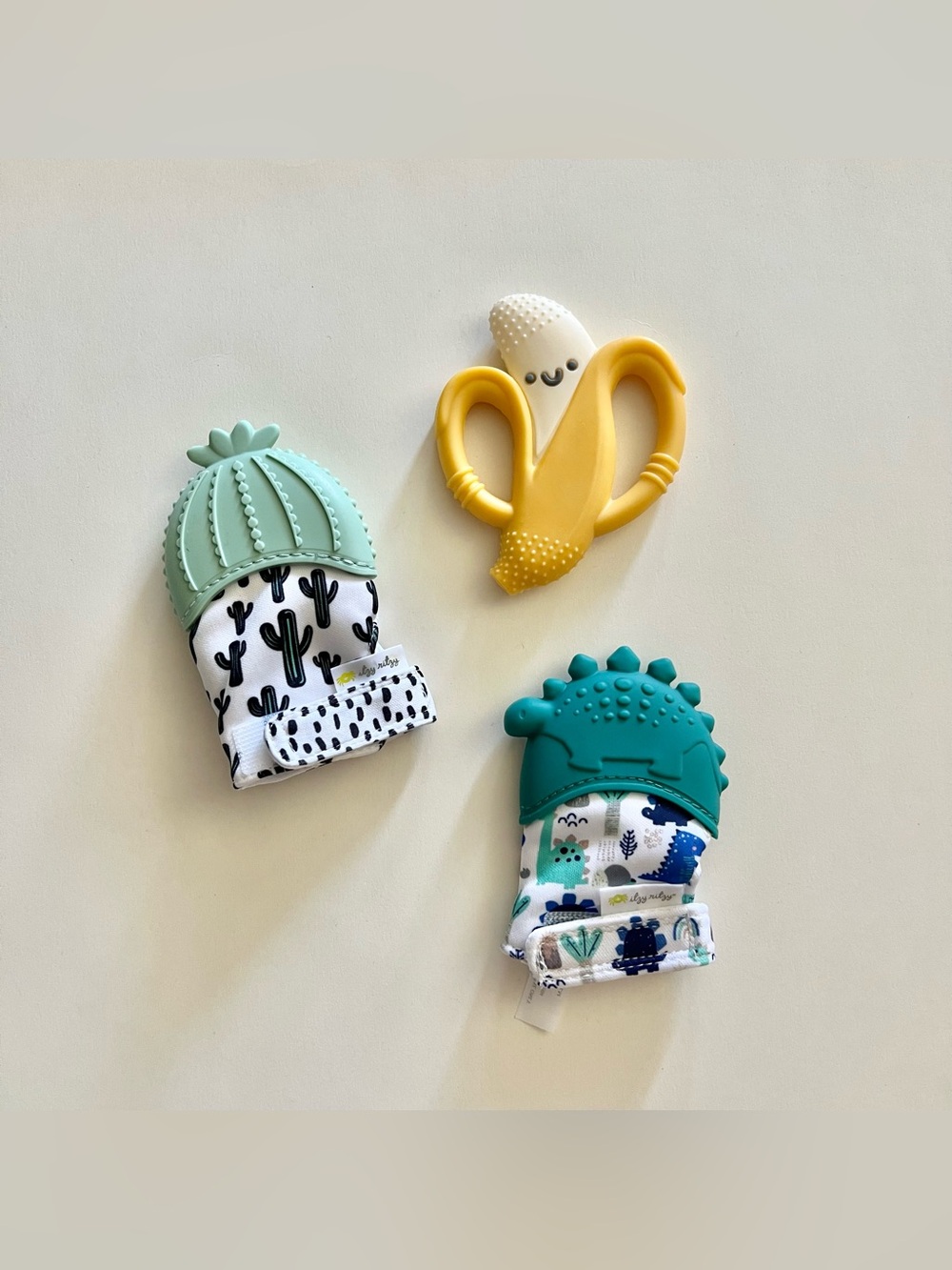 Bundle of 3 itzy ritzy baby teether mittens cactus, dinosaur & teether banana